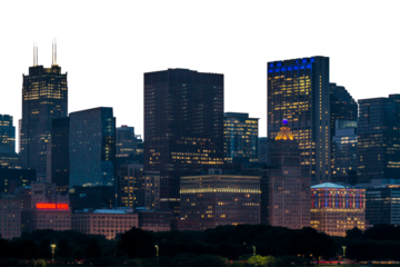 Chicago skyline at night with illuminated buildings against a white backdrop, showcasing the city's architectural beauty. Urban cityscape concept