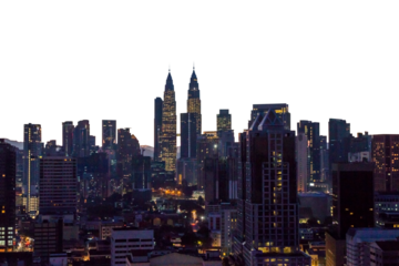 A night view of Kuala Lumpur's skyline with illuminated skyscrapers and buildings. Concept of urban nightlife and cityscapes