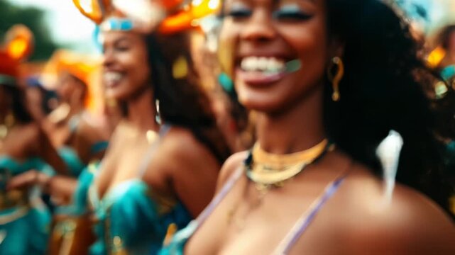 Joyful women celebrating at a carnival parade in colorful feather costumes amidst confetti, laughing and dancing, daytime festive mood, lively cultural event