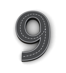 Number 9 Road 3d top view png. Road Uppercase letters. Road Style alphabet 3d.