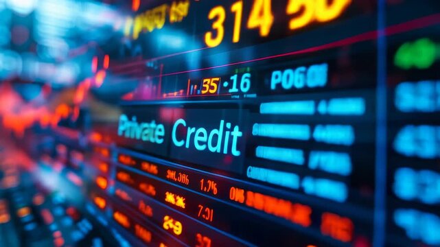 Dynamic Financial Market Display Showcasing Private Credit with Bright Neon Lights Reflecting Investment Trends in Private Lending Industry at Night