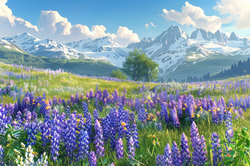 Obraz premium A beautiful field of purple flowers with a mountain in the background
