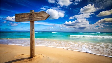 Weathered wooden signpost stands alone on a serene beach, surrounded by turquoise waves and a vast blue sky, evoking a sense of adventure and endless possibilities.