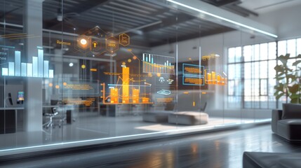 seamless integration of augmented reality in a business presentation, with floating 3D graphs and data analytics in a modern office