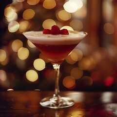 Festive Cocktail with Raspberries and a Creamy Top.