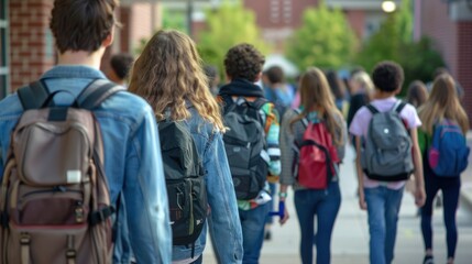A group of university students walking together on a university street on the first day of school.
