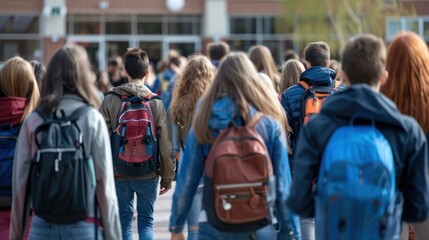 A group of university students walking together on a university street on the first day of school.