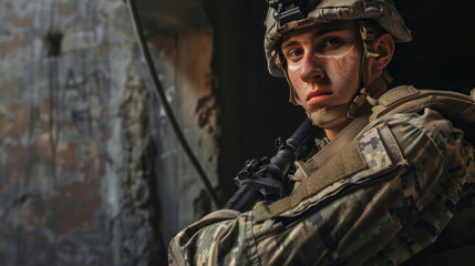 Obraz premium A determined soldier in camouflage and tactical gear stands vigilant in a weathered environment, highlighting the resolve and preparedness of military life.