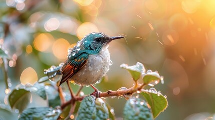Obraz premium A sunbird perched on a dew-kissed leaf in the morning light.