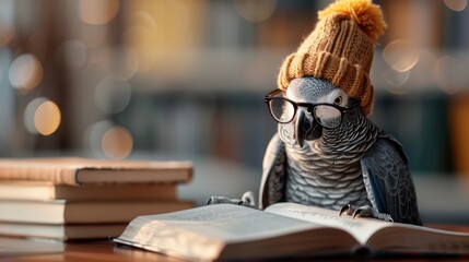 A whimsical illustration of an African Grey parrot reading a book in a library.