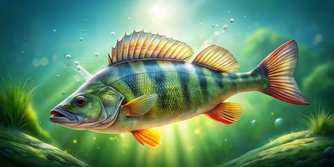 Fototapeta premium A large, vibrant freshwater perch swims in the water against a bright green background, its scales shimmering in the light, a prized fishing trophy catch.