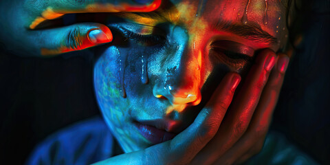 The Nurturing Touch: Hands of care gently wipe away tears from the pale face of a young patient.