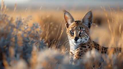 Obraz premium A photorealistic close-up of a serval's face.