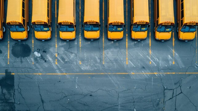 Yellow school buses are parked in a row in the school parking lot.