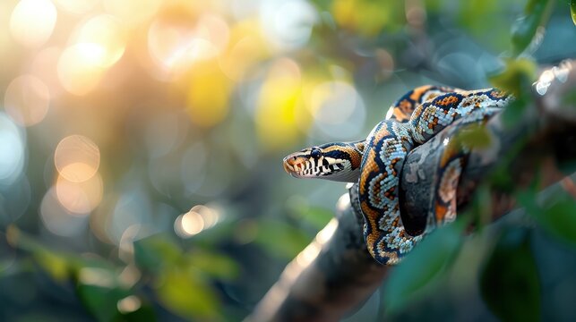 A python basking in the sunlight on a tree branch.