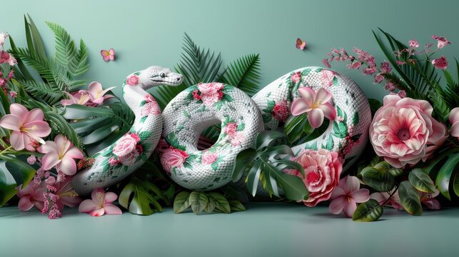 A python adorned with flowers and leaves in a fantastical jungle.