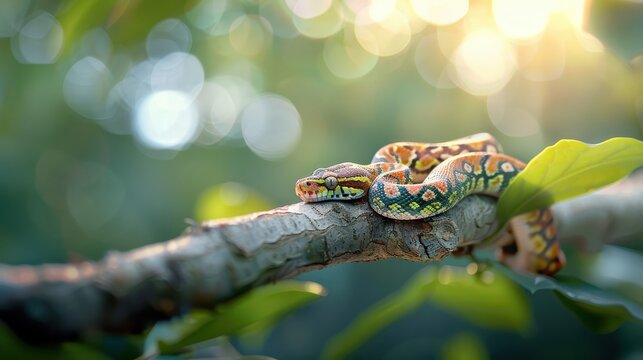 A python basking in the sunlight on a tree branch.