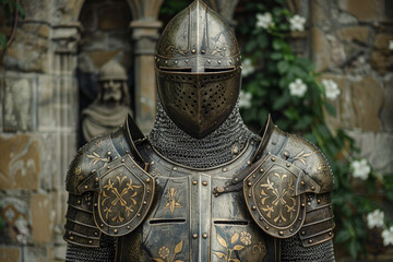 A knight in full armor stands in front of a stone wall