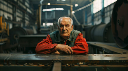 Obraz premium An elderly factory worker rests on a table with a stern expression, embodying years of service and resilience.