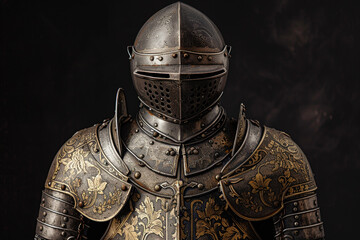 A knight in full armor stands in front of a dark background