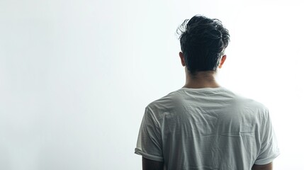 Obraz premium Young man on a light plain background with ample copy space, ideal for minimalist and modern themes. Perfect for portraits and professional uses.
