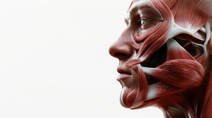 Fototapeta premium Anatomical side profile of a human face with detailed muscle structure, focusing on the intricate areas of the face and neck.