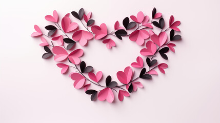 Obraz premium Heart-Shaped Floral Arrangement Made of Pink and Black Paper Cutouts with a Delicate Background