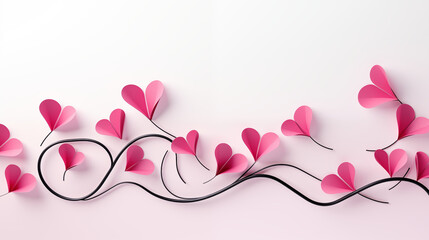 Elegant Paper Art of Pink Heart-Shaped Flowers and Black Stems on a Light Background