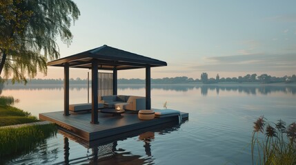 serene lakeside gazebo turned into a remote office, with a panoramic view of the water and minimalist, nature-inspired decor
