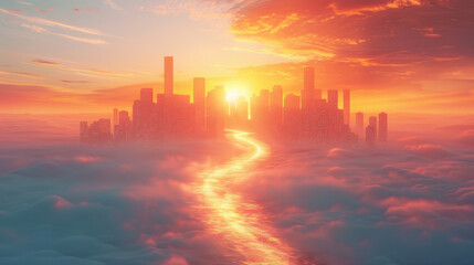 A stunning sunrise illuminates a futuristic city skyline with a glowing path through the clouds.