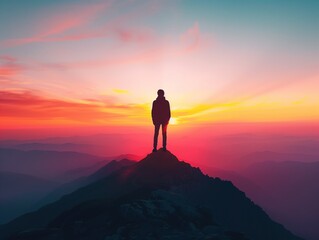 Fototapeta premium Silhouette of a person standing on a cliff at sunset, symbolizing the achievement of great heights. Perfect for inspirational and motivational themes.