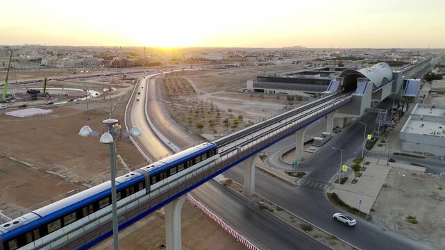 Drone view of the modern subway line in Riyadh Saudi Arabia on the sunset