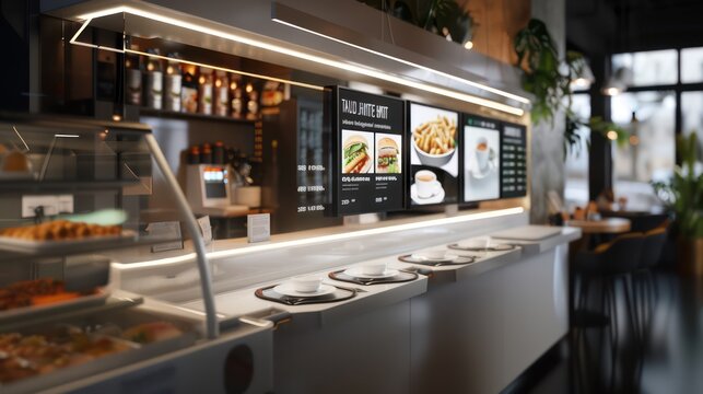 sleek, modern cafe converted into a virtual meeting spot, with digital menus showing video conference participants