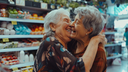 Obraz premium Two elderly women in a grocery store aisle, sharing a lively, joyful hug, surrounded by vibrant colors of fresh produce.