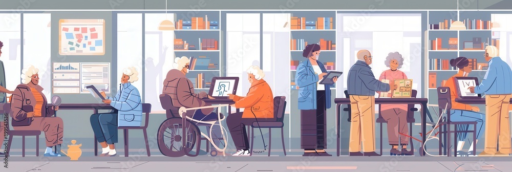 Poster elderly individuals partake in various activities at a community center library, enjoying reading, d
