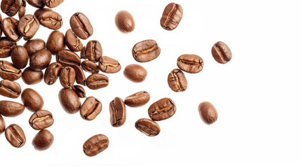Naklejka premium Coffee beans scattered in the air isolated on a white background Falling coffee beans on white space
