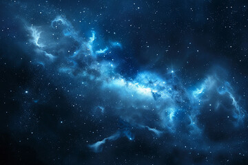The image is of a vast, star-filled sky with a blue hue