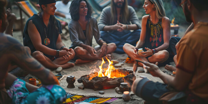 The Oral Tradition's Fire: A group of people sitting in a circle, sharing stories and passing a handmade storytelling pendant.