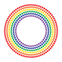 Rainbow dots circle frame. Rainbow dors border. Rainbow dots. Vector isolated abstract illustration. Red, Yellow, green, blue, purple, orange.