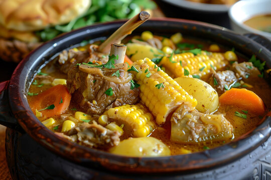 A bowl of stew with meat, corn, and carrots