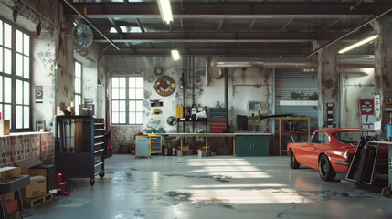 A vintage garage workshop with a classic car parked inside, tools and equipment adorning the neatly organized space filled with sunlight streaming through the windows.