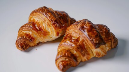Two golden brown croissants are laying on a white surface, showcasing their flaky texture and inviting aroma