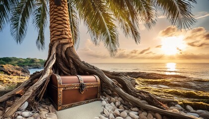 Hidden Treasures A treasure chest buried beneath the roots of an ancient palm tree on a deserted island.