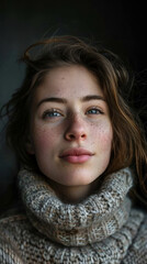 Fototapeta premium A woman with blue eyes and a red nose is wearing a sweater