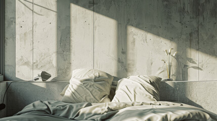 Cozy bedroom with sunlight streaming through large windows onto a neatly made bed and rustic concrete wall, creating a warm and inviting atmosphere.