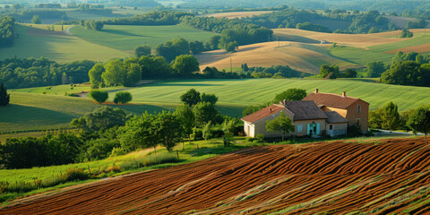 A picturesque rural landscape featuring a farmhouse surrounded by lush green fields and rolling hills under a clear sky.