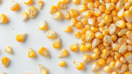 Close-up of dried corn kernels in a pattern, ideal for text. Golden maize seeds represent agriculture and farming. Raw beauty for food projects