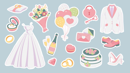 Wedding set in flat. Bride's dress, groom's suit, cake, rings, flower bouquet, champagne. Vector elements