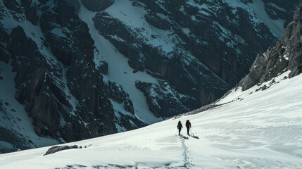 Two mountaineers ascend a steep, snow-laden slope, their path winding through rugged terrain under a clear, crisp sky, showcasing determination and perseverance.