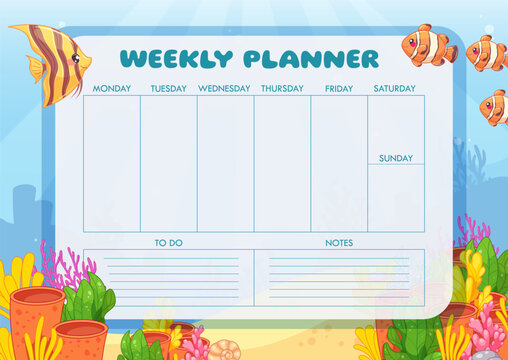 Vector weekly planner template. Seabed landscape with fishes, note board, to-do list